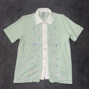 vintage alfred dunner Shirt Button Up Embroidered Flowers Size Small Green Women